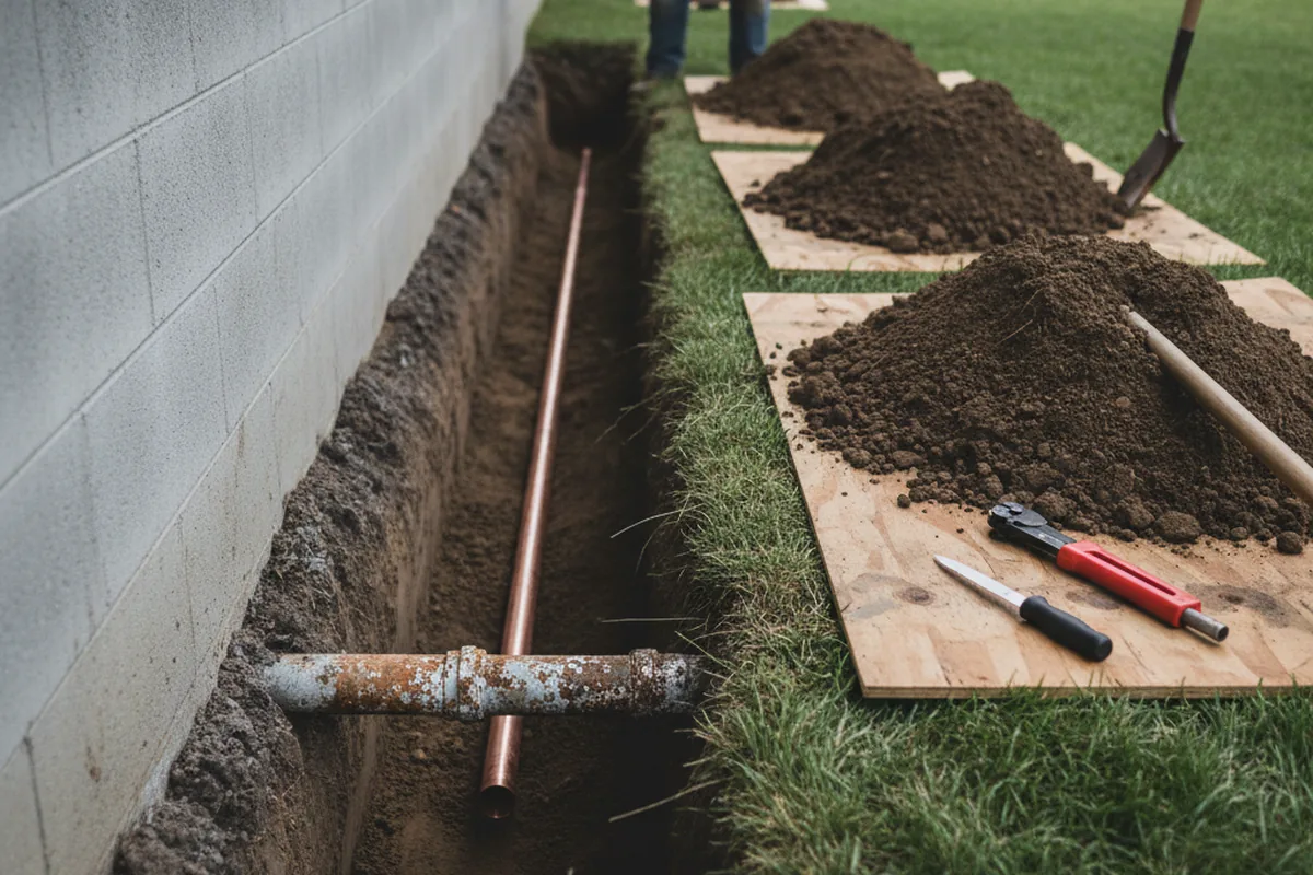Excavated water line trench during Water Softener Installation in Rockaway
